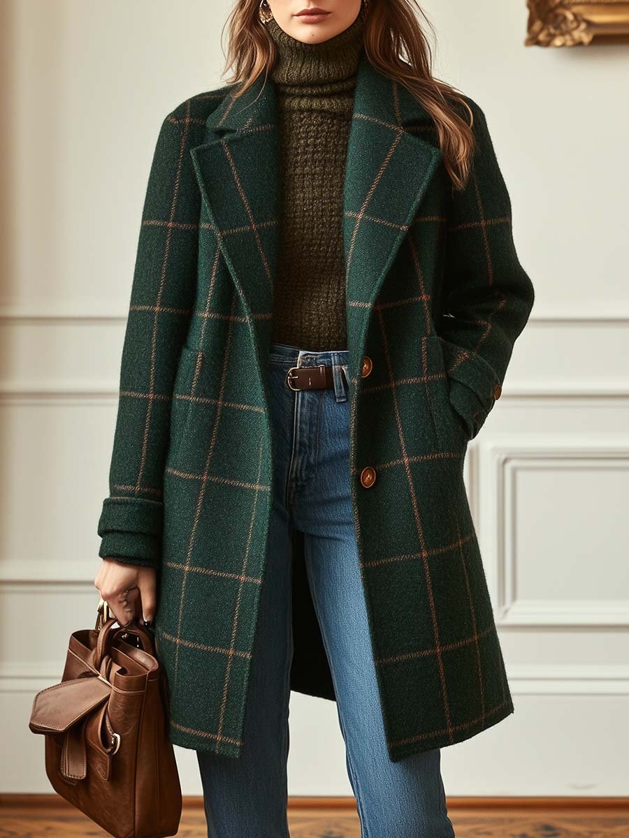 Cappotto lungo elegante da donna a quadri monopetto