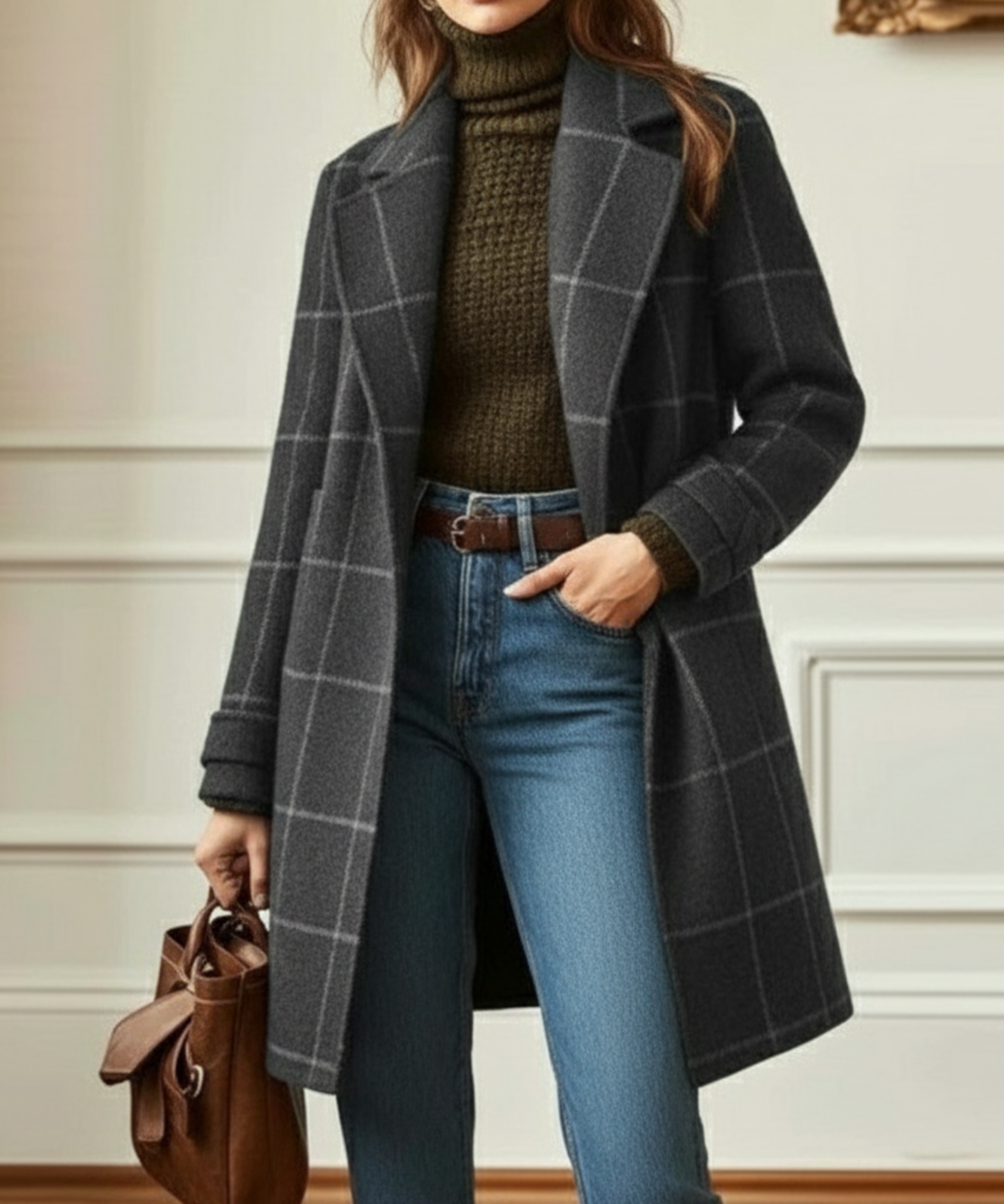 Cappotto lungo elegante da donna a quadri monopetto