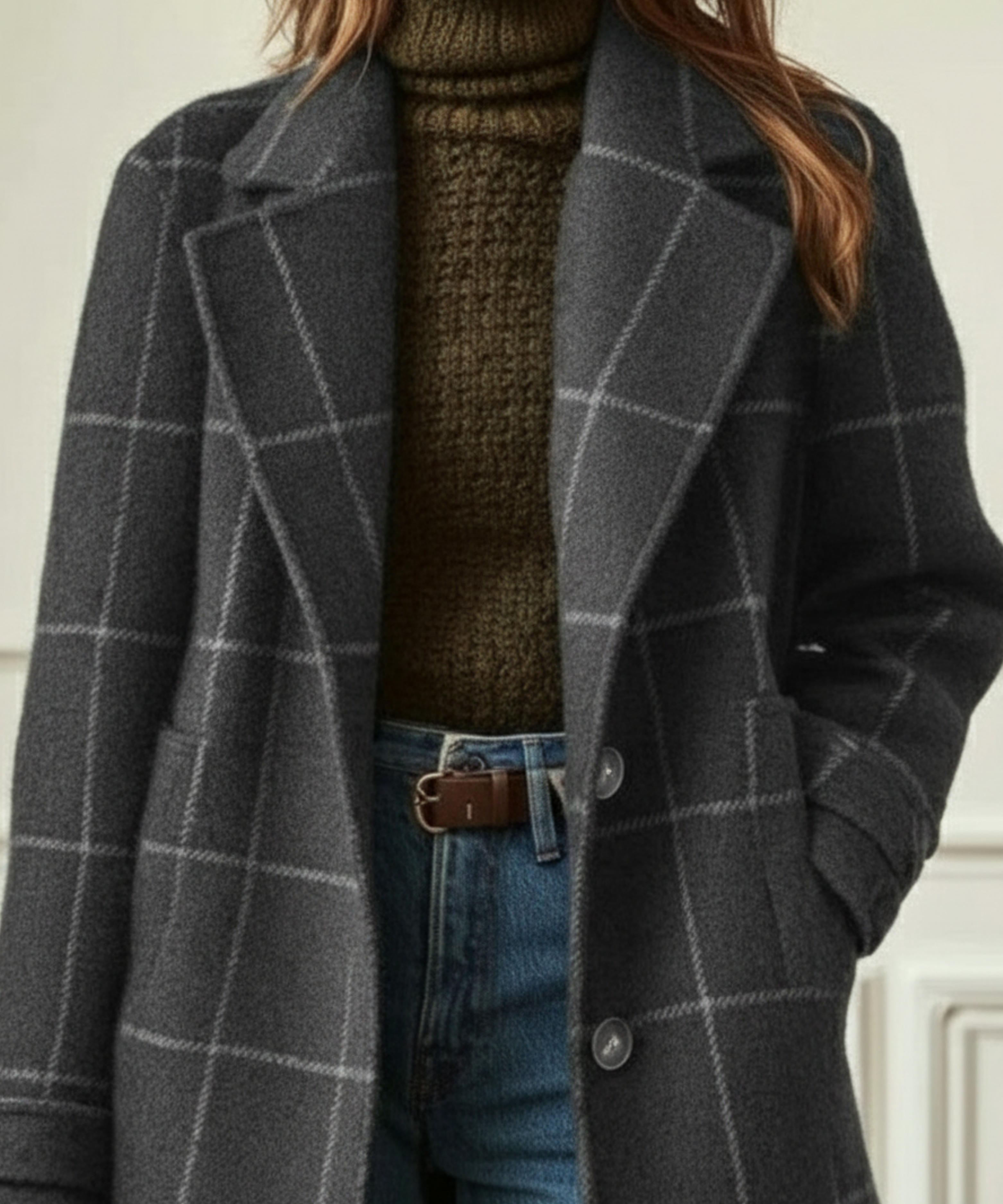 Cappotto lungo elegante da donna a quadri monopetto