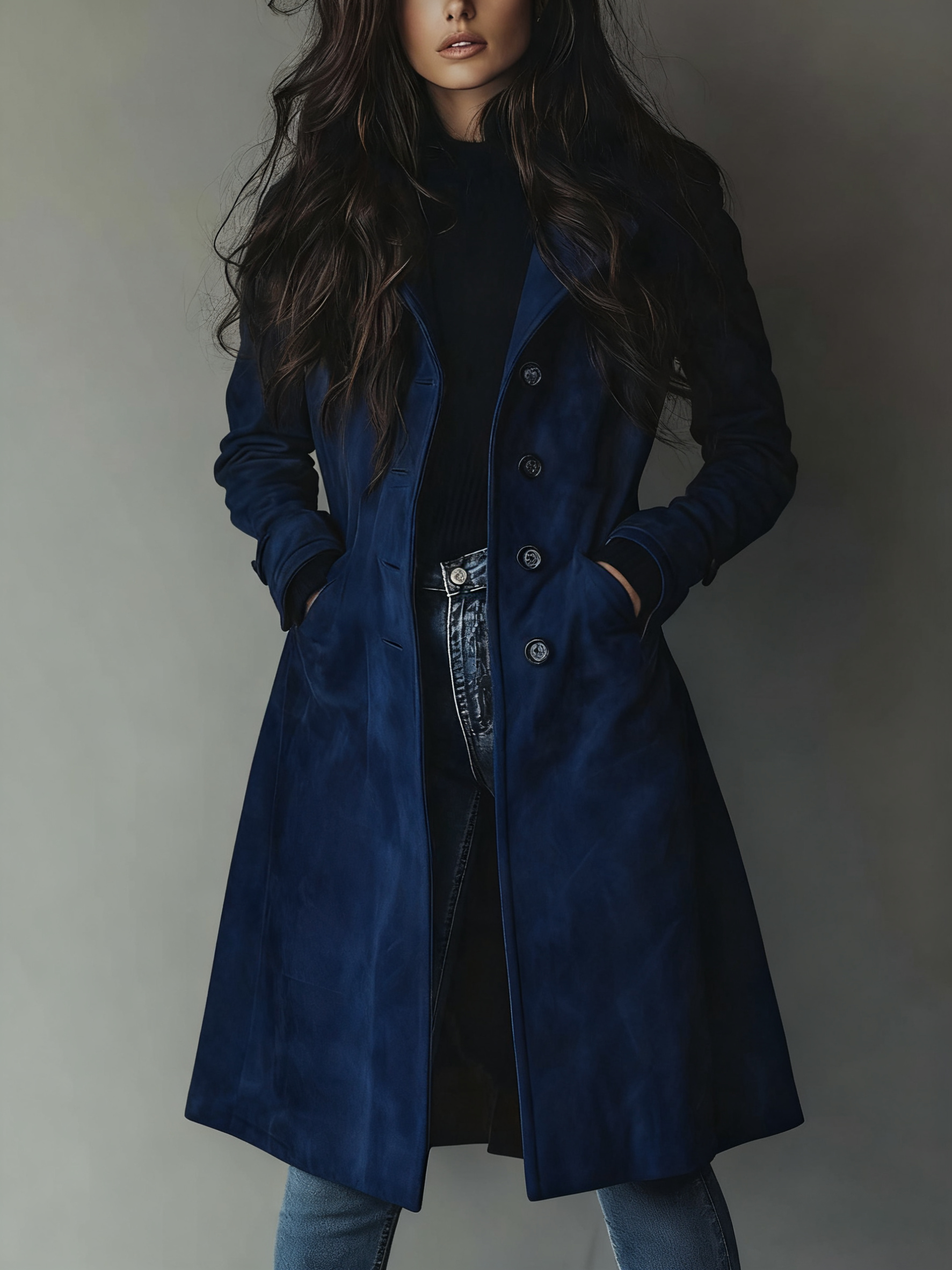Cappotto lungo da donna con bottoni in stile trench