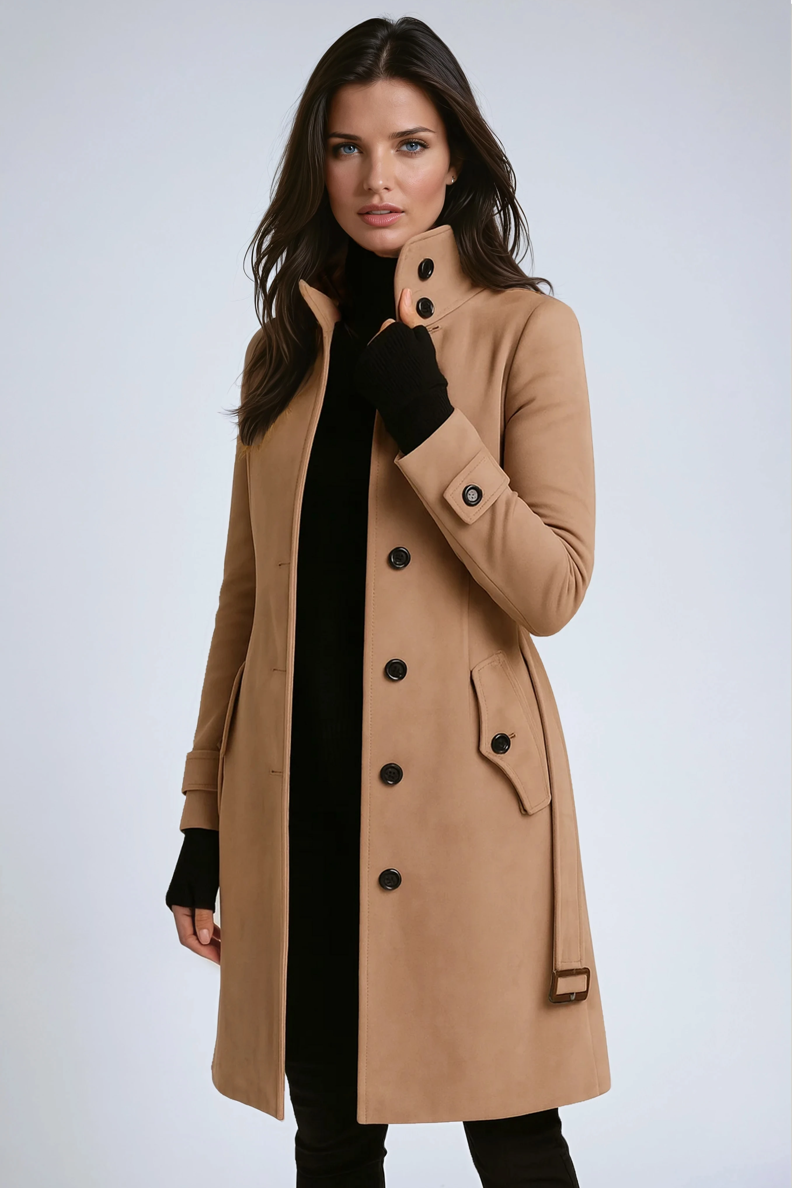 Cappotto lungo elegante da donna dal taglio aderente con bottoni
