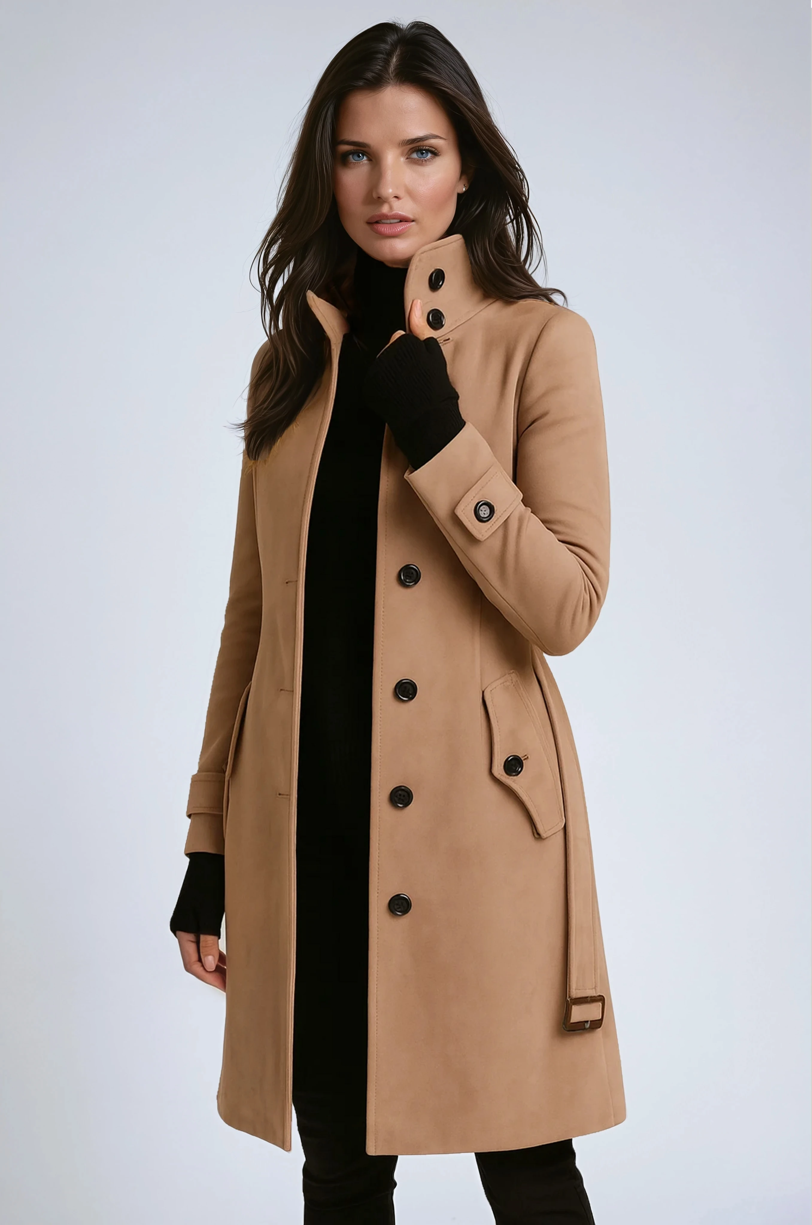 Cappotto lungo elegante da donna dal taglio aderente con bottoni