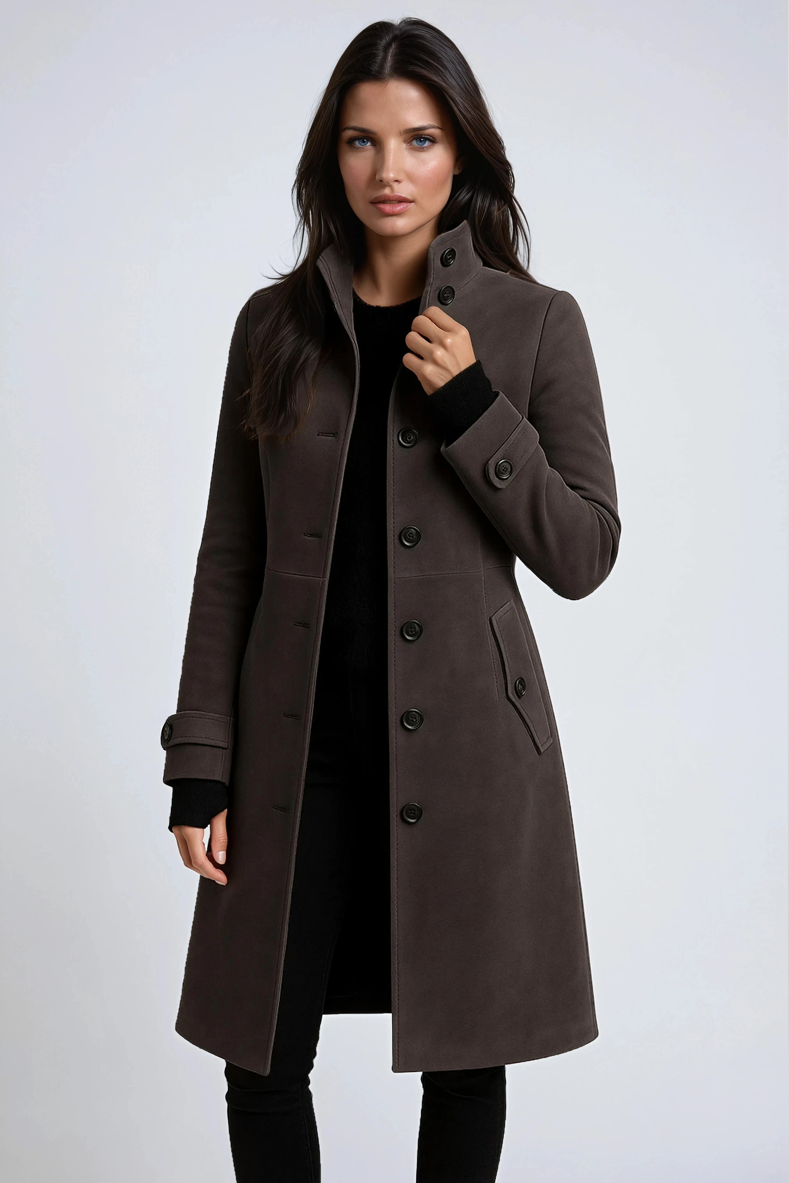 Cappotto lungo elegante da donna dal taglio aderente con bottoni