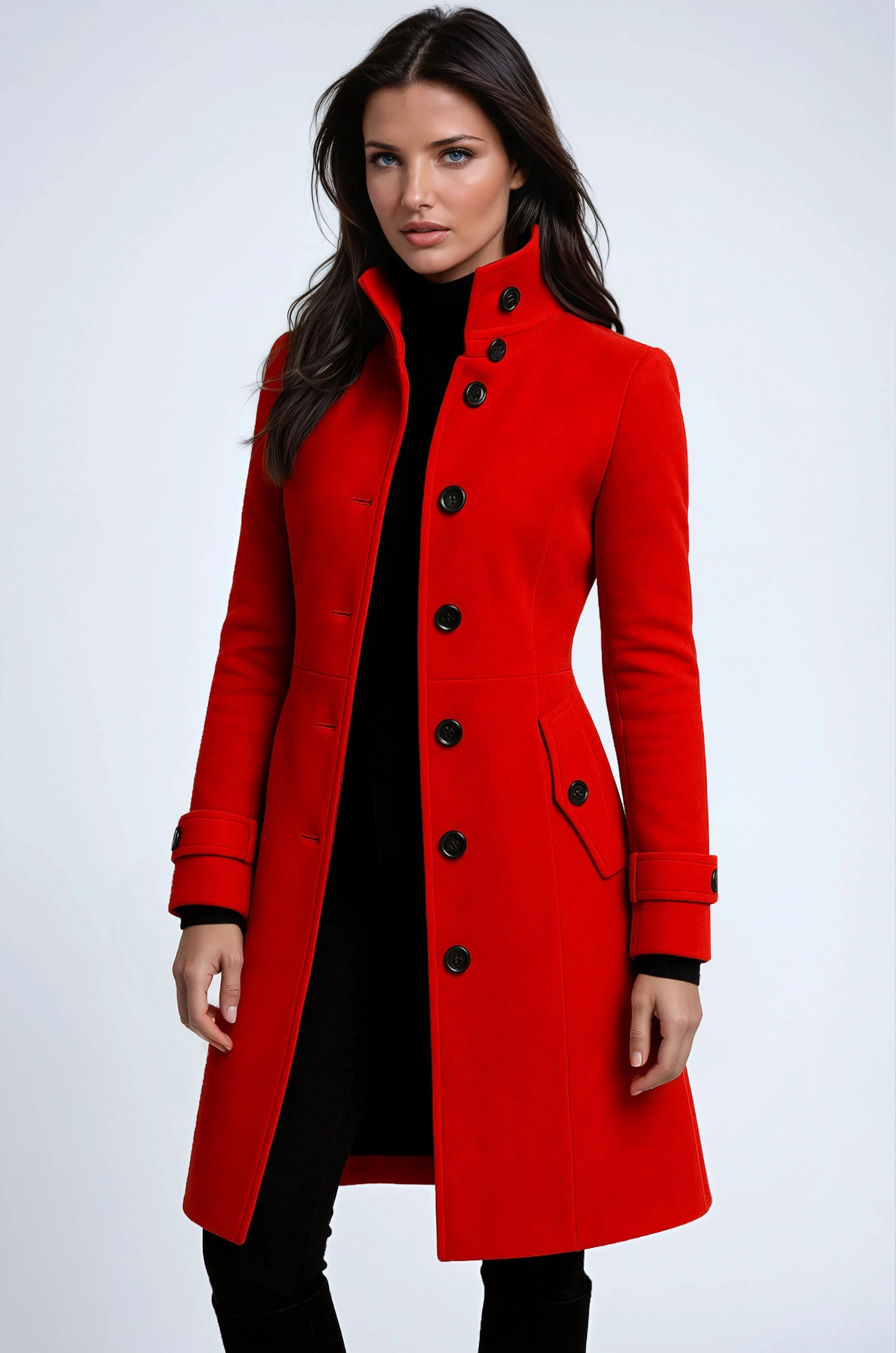 Cappotto lungo elegante da donna dal taglio aderente con bottoni