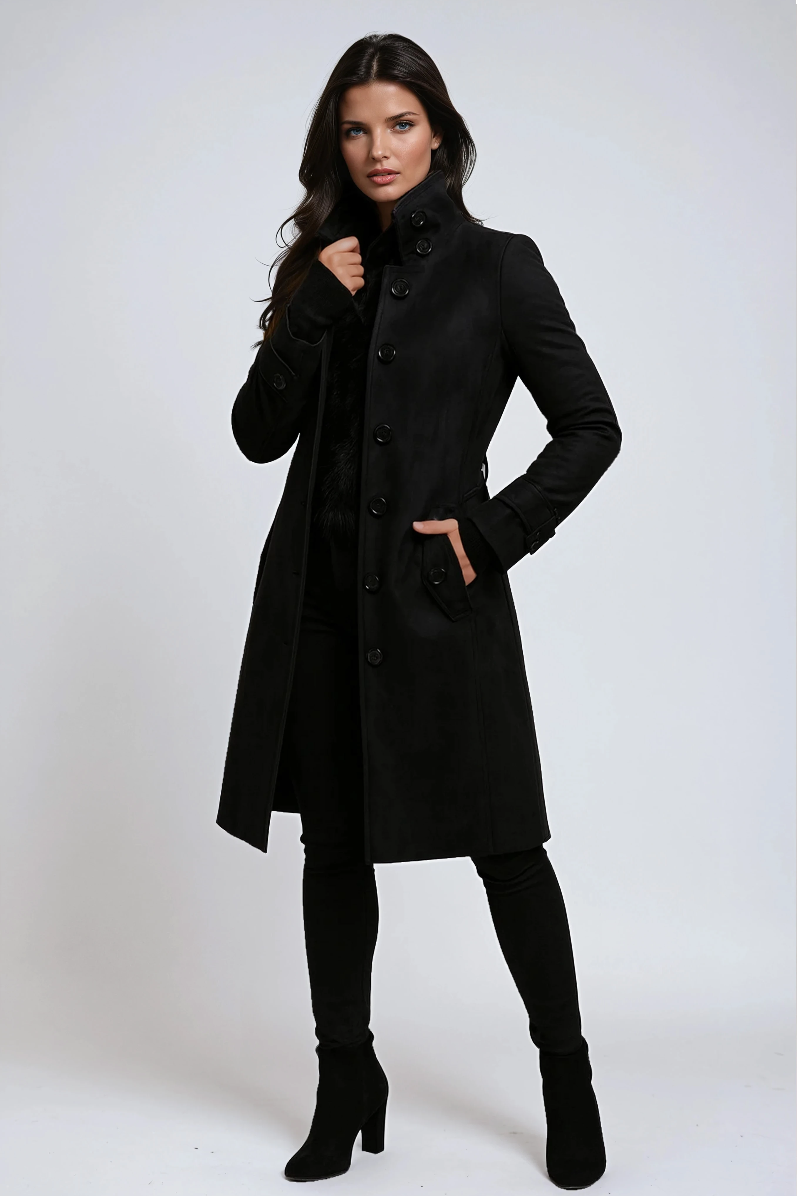 Cappotto lungo elegante da donna dal taglio aderente con bottoni