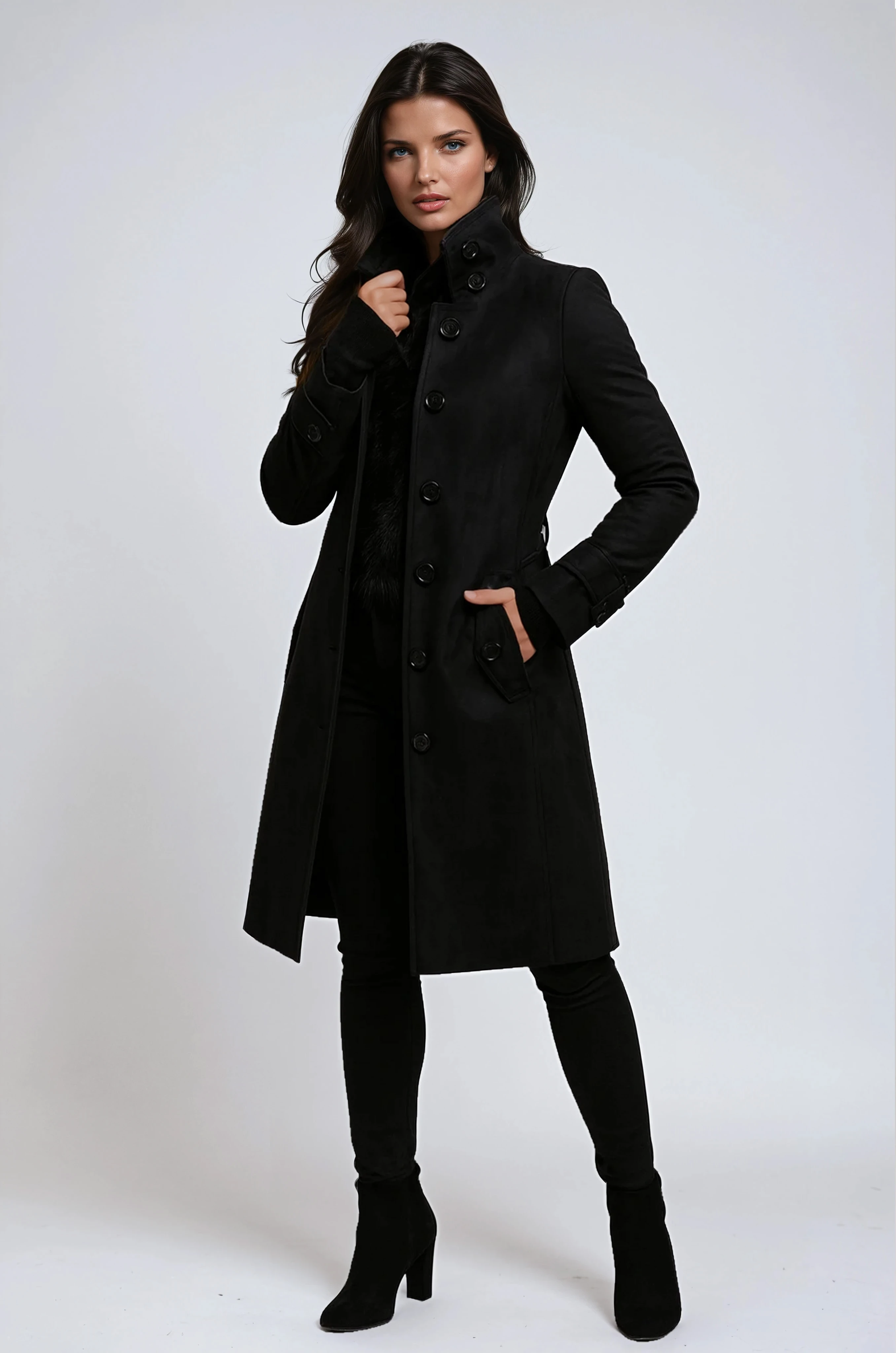 Cappotto lungo elegante da donna dal taglio aderente con bottoni