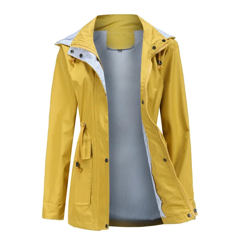 Giacca impermeabile da donna con cappuccio e bottoni