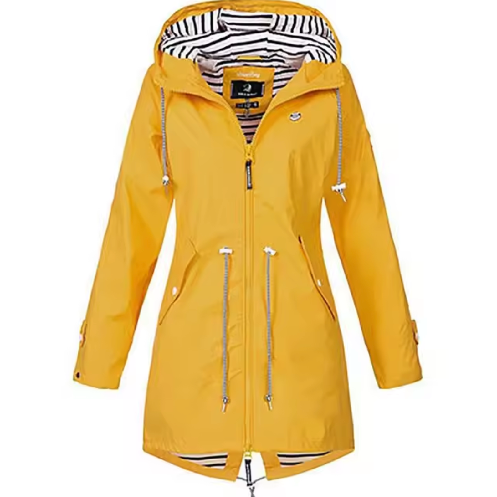 Parka lungo impermeabile da donna con cappuccio e vita regolabile