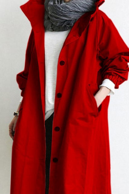 Trench lungo da donna con cappuccio e bottoni
