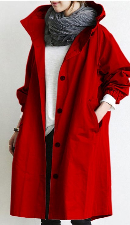 Trench lungo da donna con cappuccio e bottoni