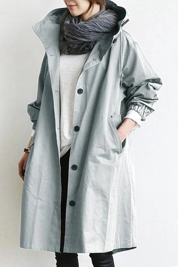 Trench lungo da donna con cappuccio e bottoni