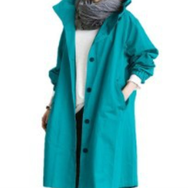 Trench lungo da donna con cappuccio e bottoni