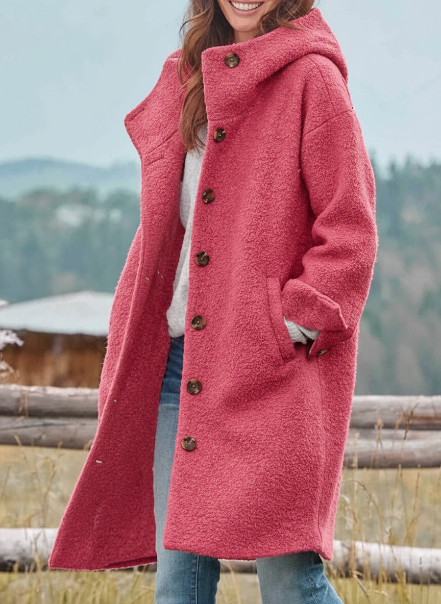 Cappotto lungo da donna con cappuccio e bottoni