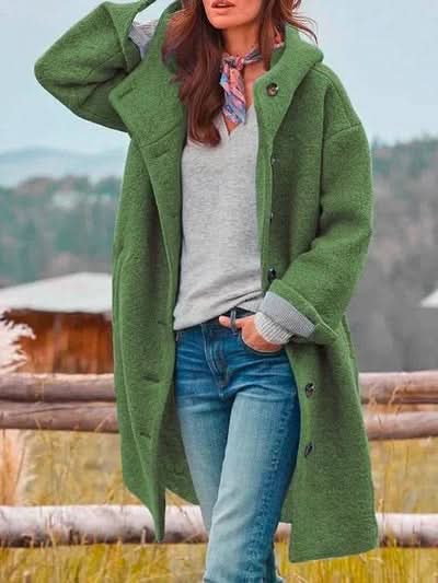 Cappotto lungo da donna con cappuccio e bottoni