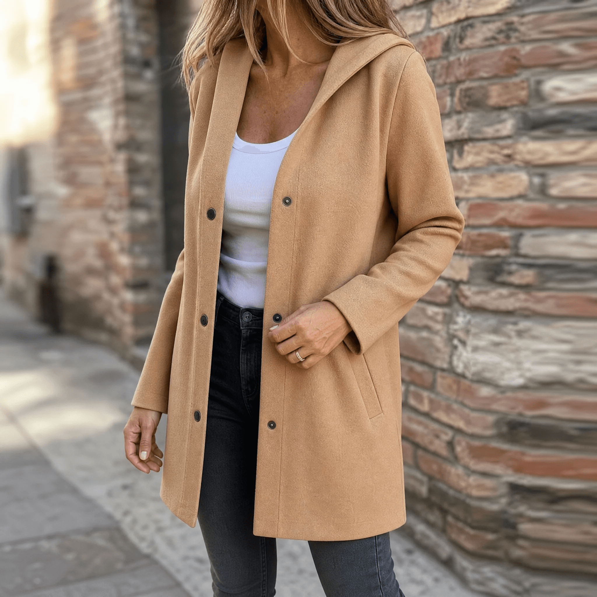 Cappotto da donna con cappuccio e bottoni