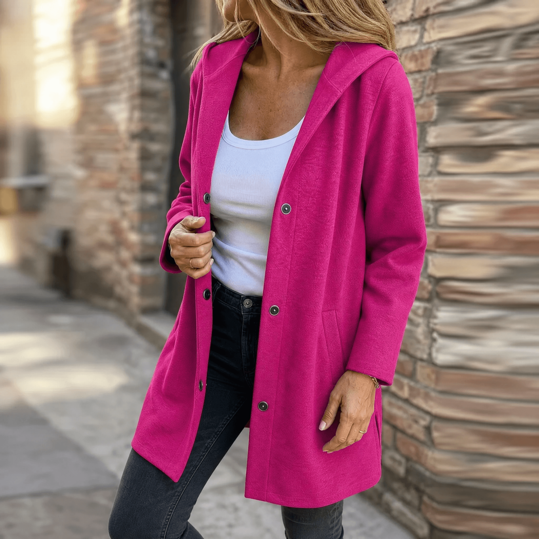 Cappotto da donna con cappuccio e bottoni