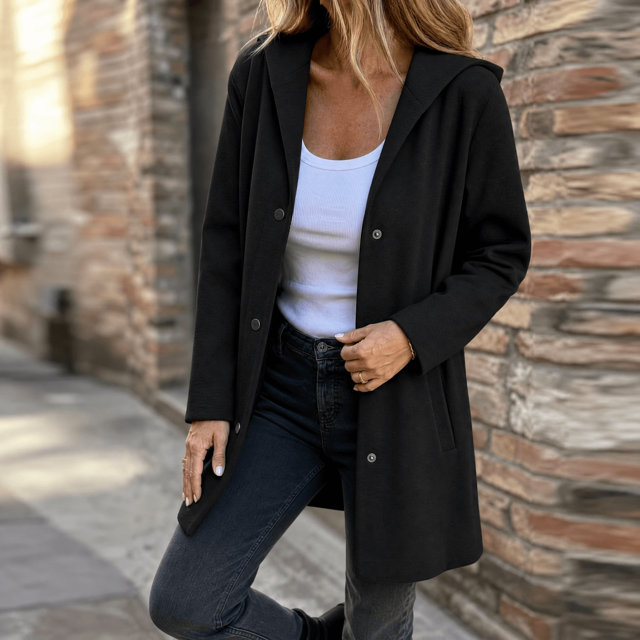 Cappotto da donna con cappuccio e bottoni