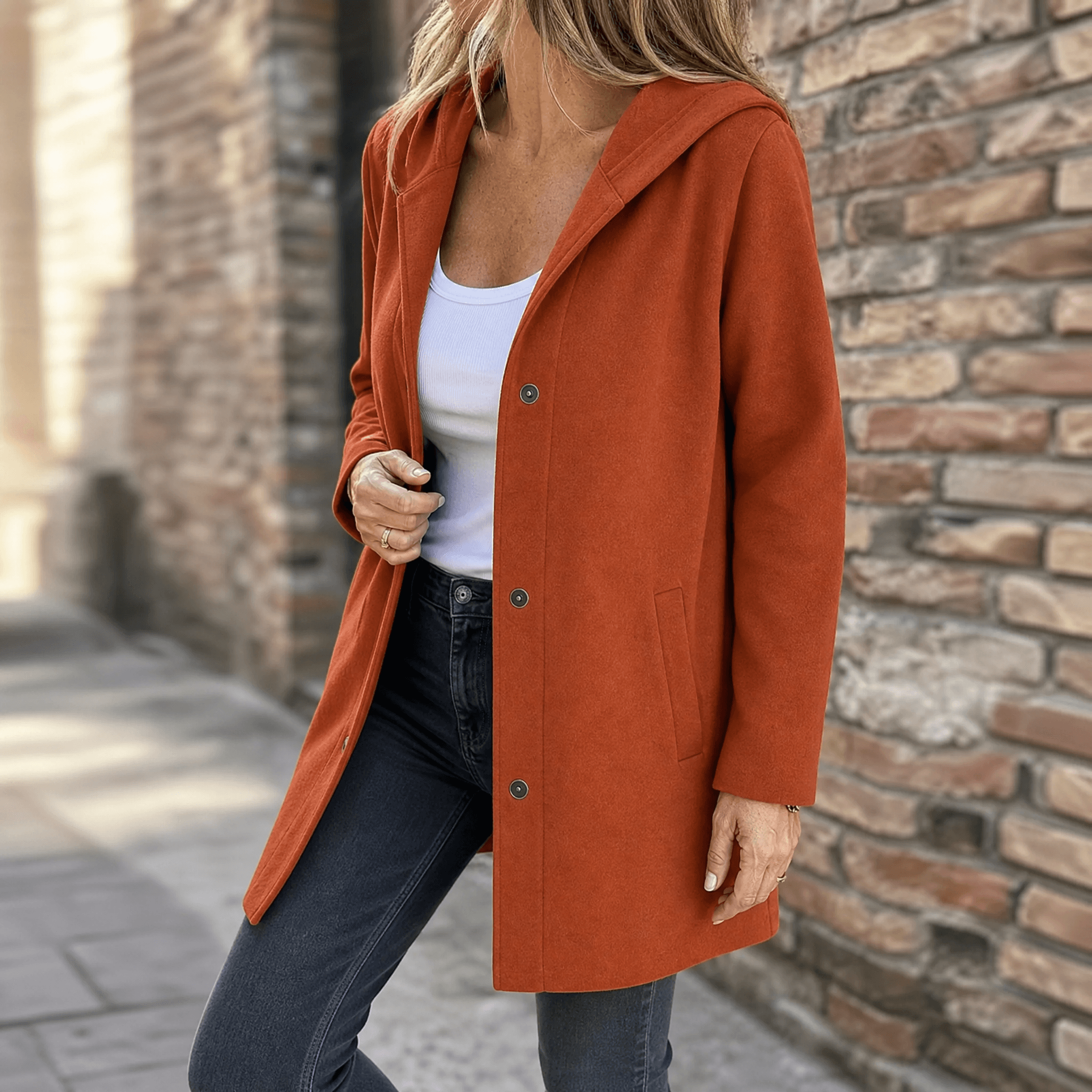 Cappotto da donna con cappuccio e bottoni