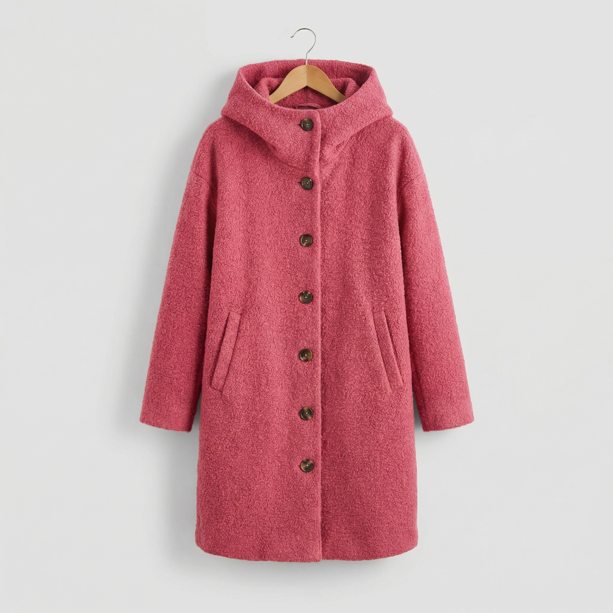 Cappotto invernale da donna con cappuccio, bottoni frontali e tasche