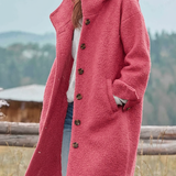 Cappotto invernale da donna con cappuccio, bottoni frontali e tasche