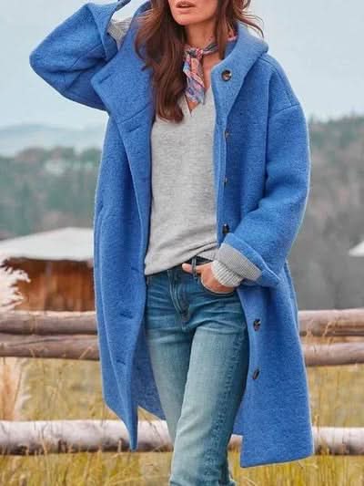 Cappotto invernale da donna con cappuccio, bottoni frontali e tasche