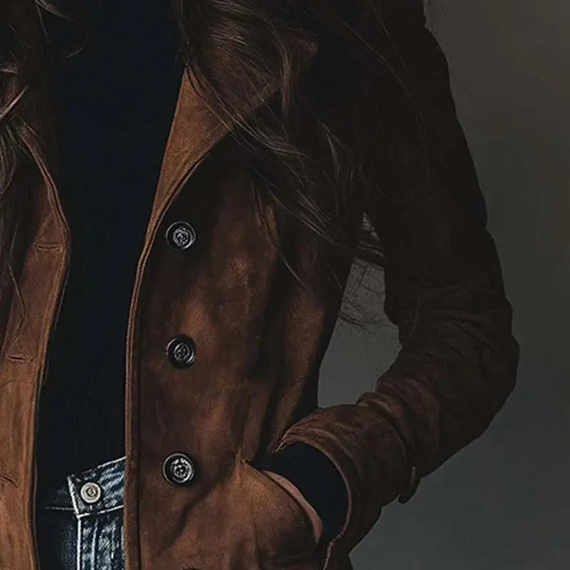 Giacca lunga da donna in camoscio con collo classico