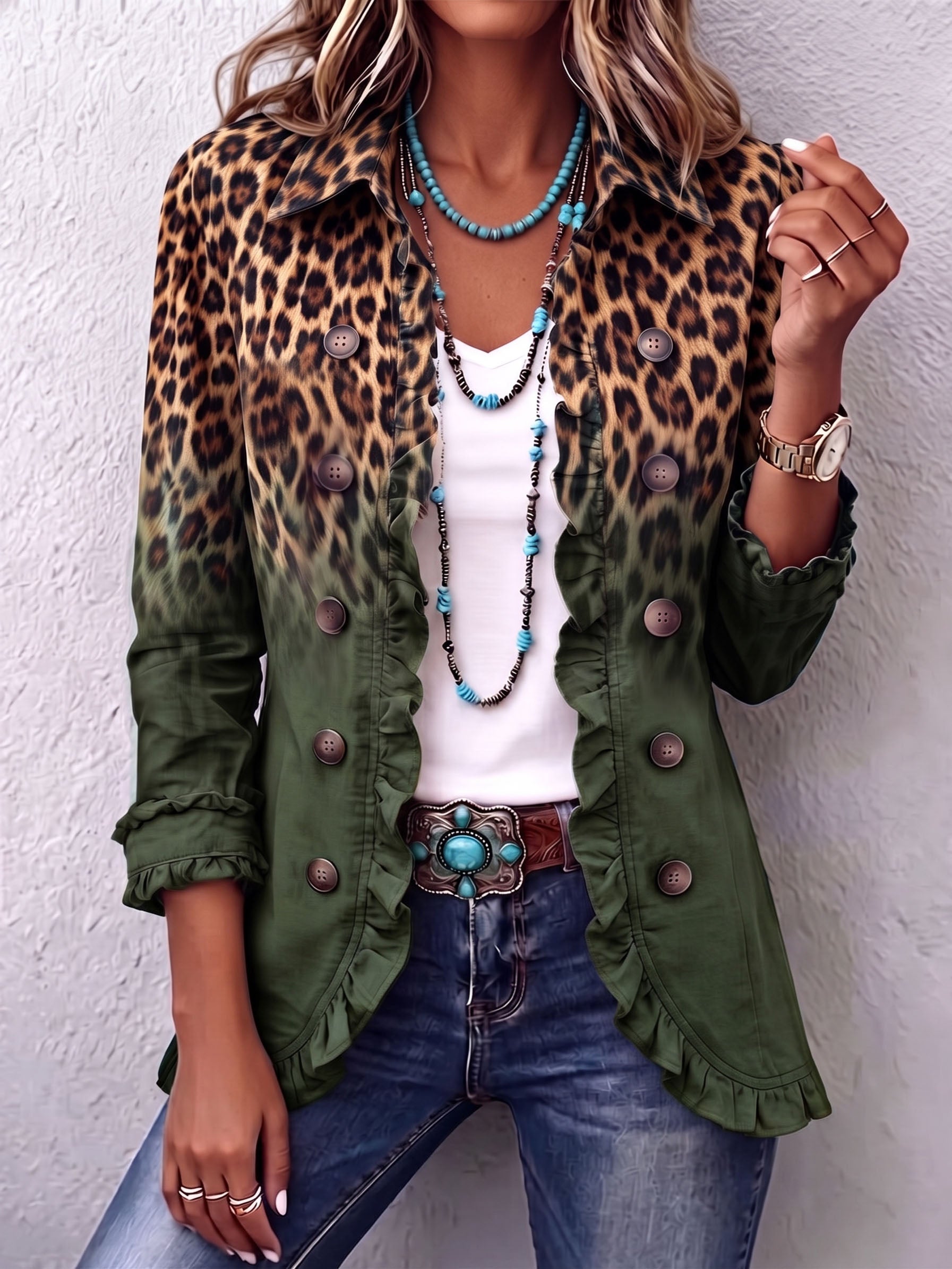 Elspeth | Blazer con Rouches e Stampa Leopardo Sfumata