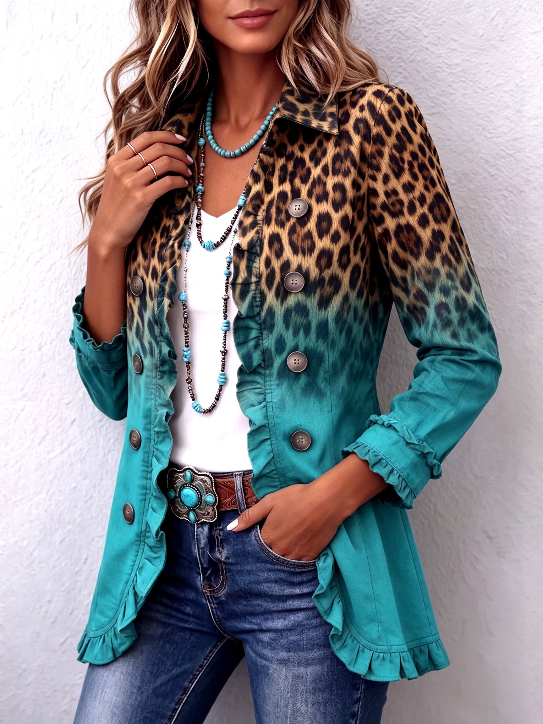 Elspeth | Blazer con Rouches e Stampa Leopardo Sfumata