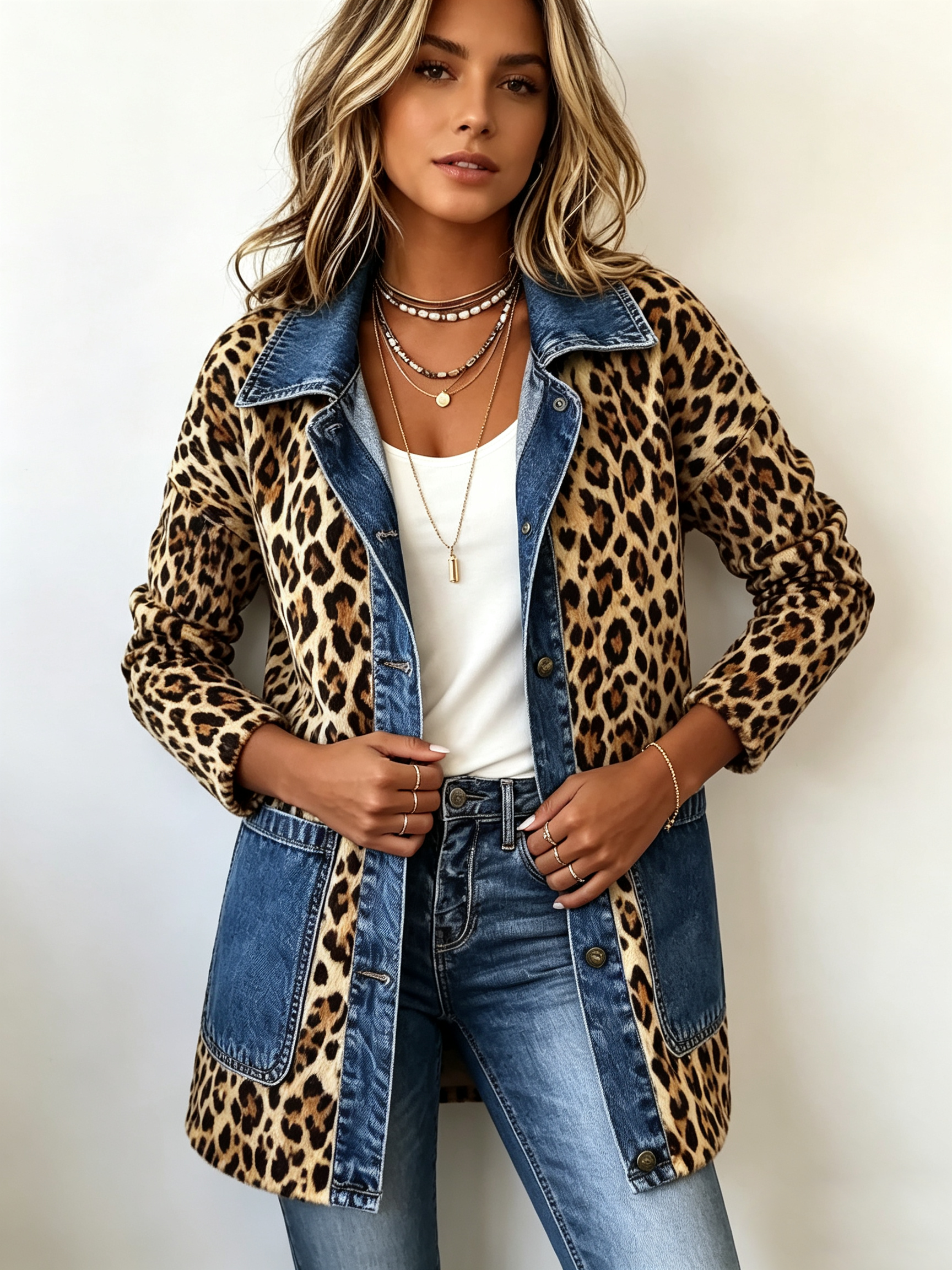 Fablenne | Giacca Lunga con Denim e Stampa Leopardo