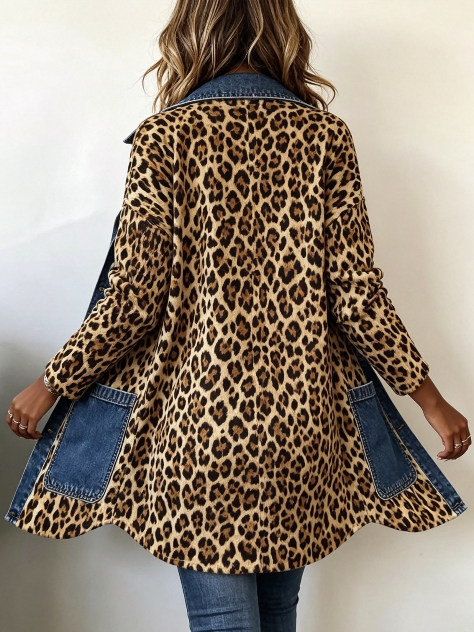 Fablenne | Giacca Lunga con Denim e Stampa Leopardo