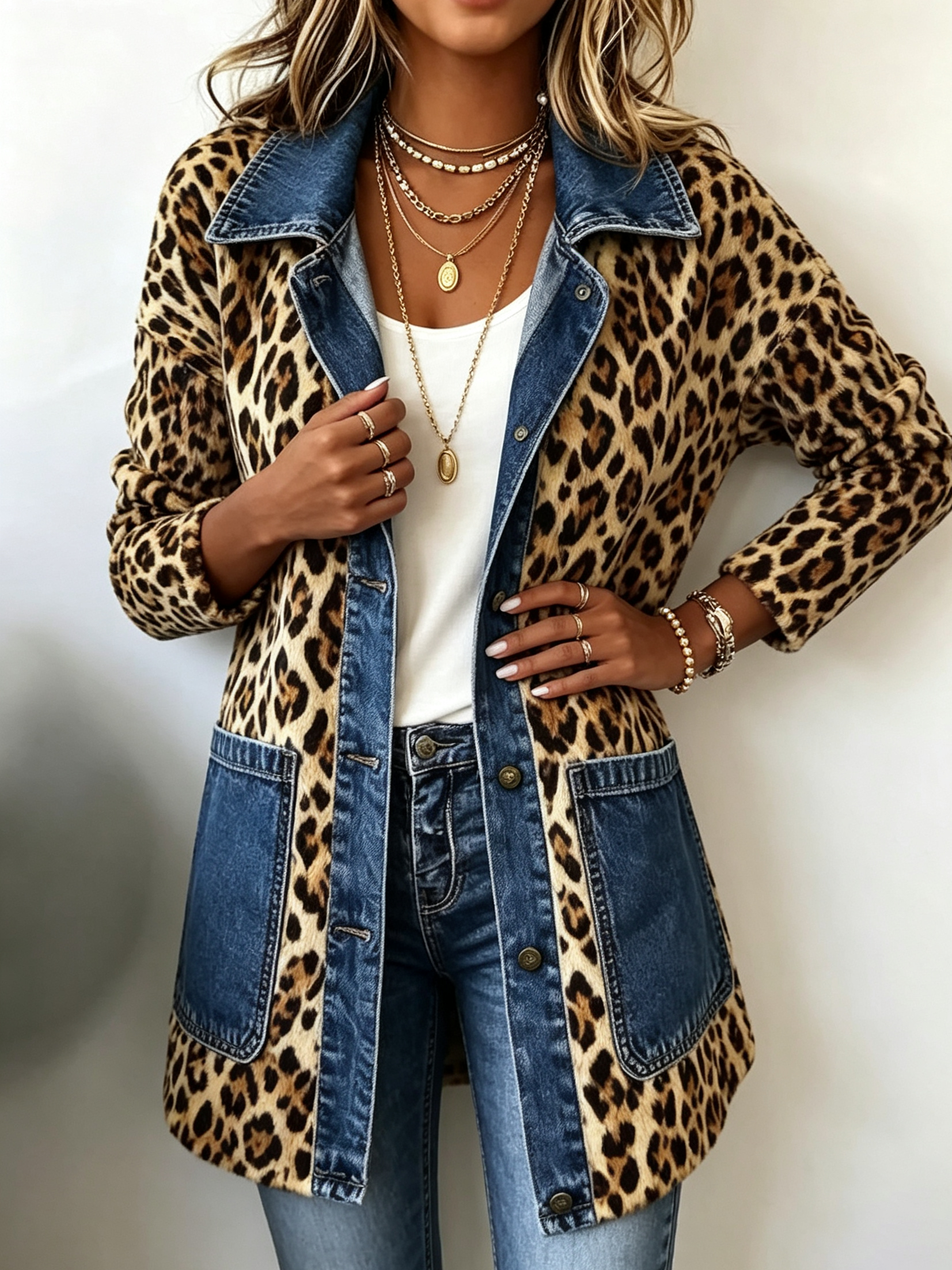 Claudia | Giacca Lunga in Denim con Stampa Leopardata