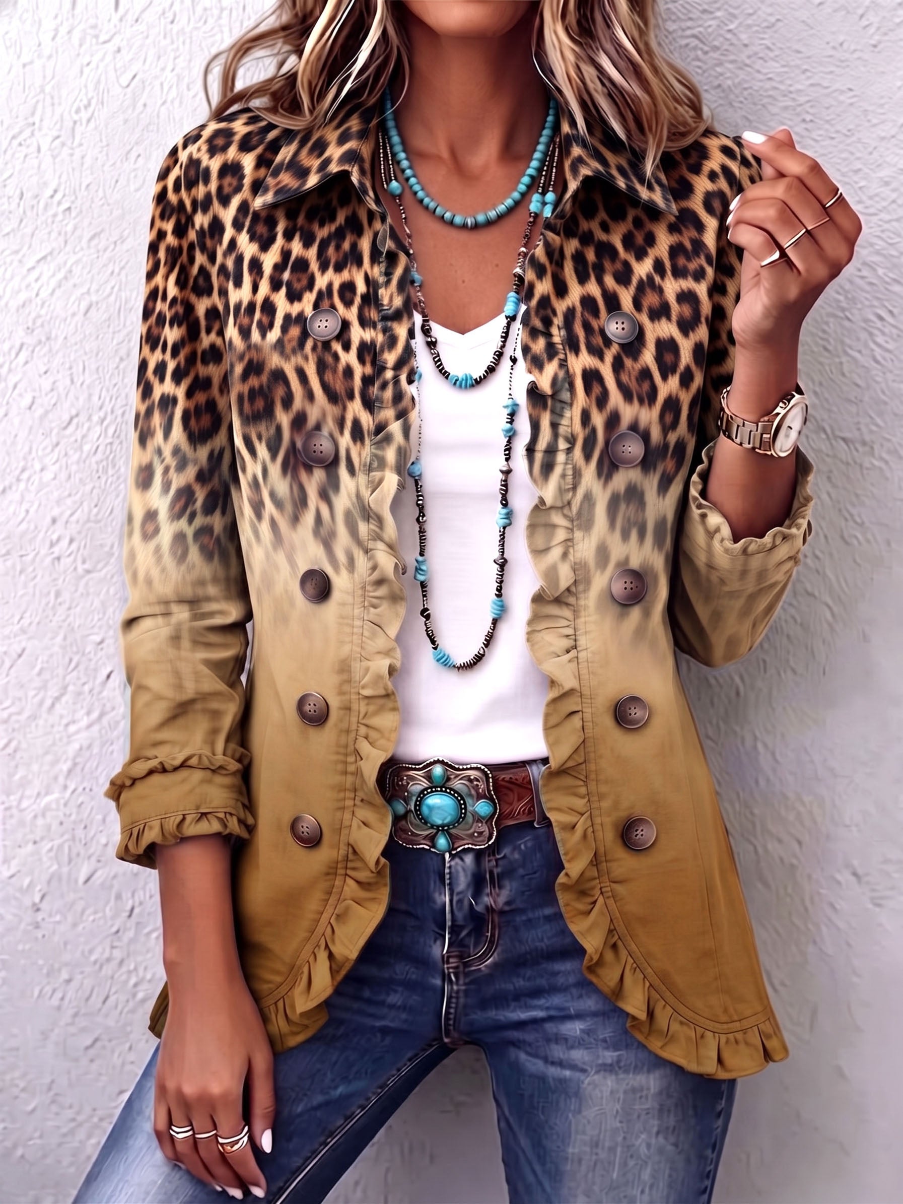 Elspeth | Blazer con Rouches e Stampa Leopardo Sfumata
