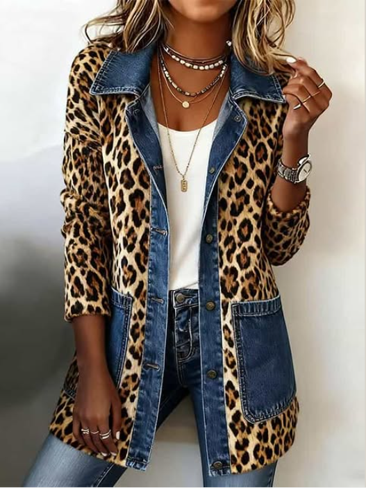 Fablenne | Giacca Lunga con Denim e Stampa Leopardo