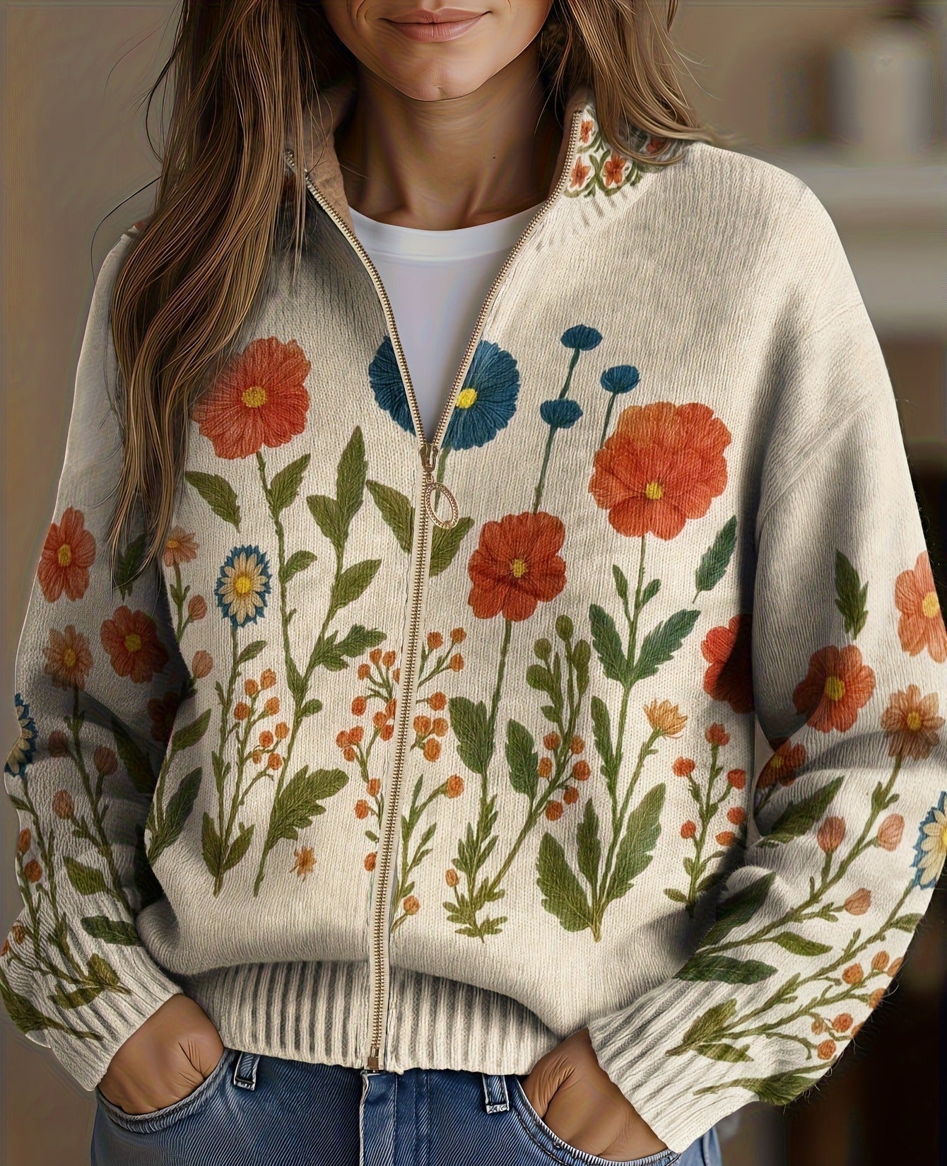 Ginepro | Cardigan Donna con Zip e Fiori Selvatici