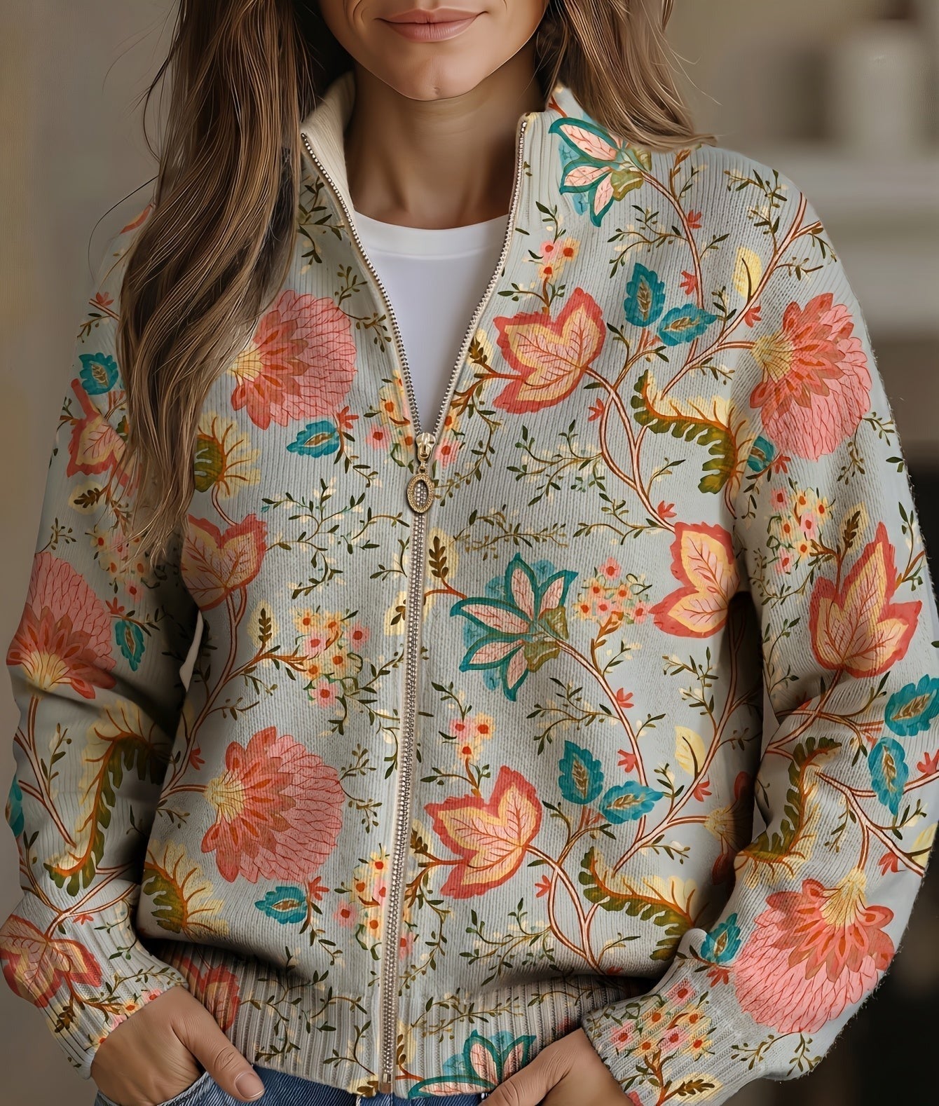 Cordelia | Cardigan Donna Floreale Vintage con Zip