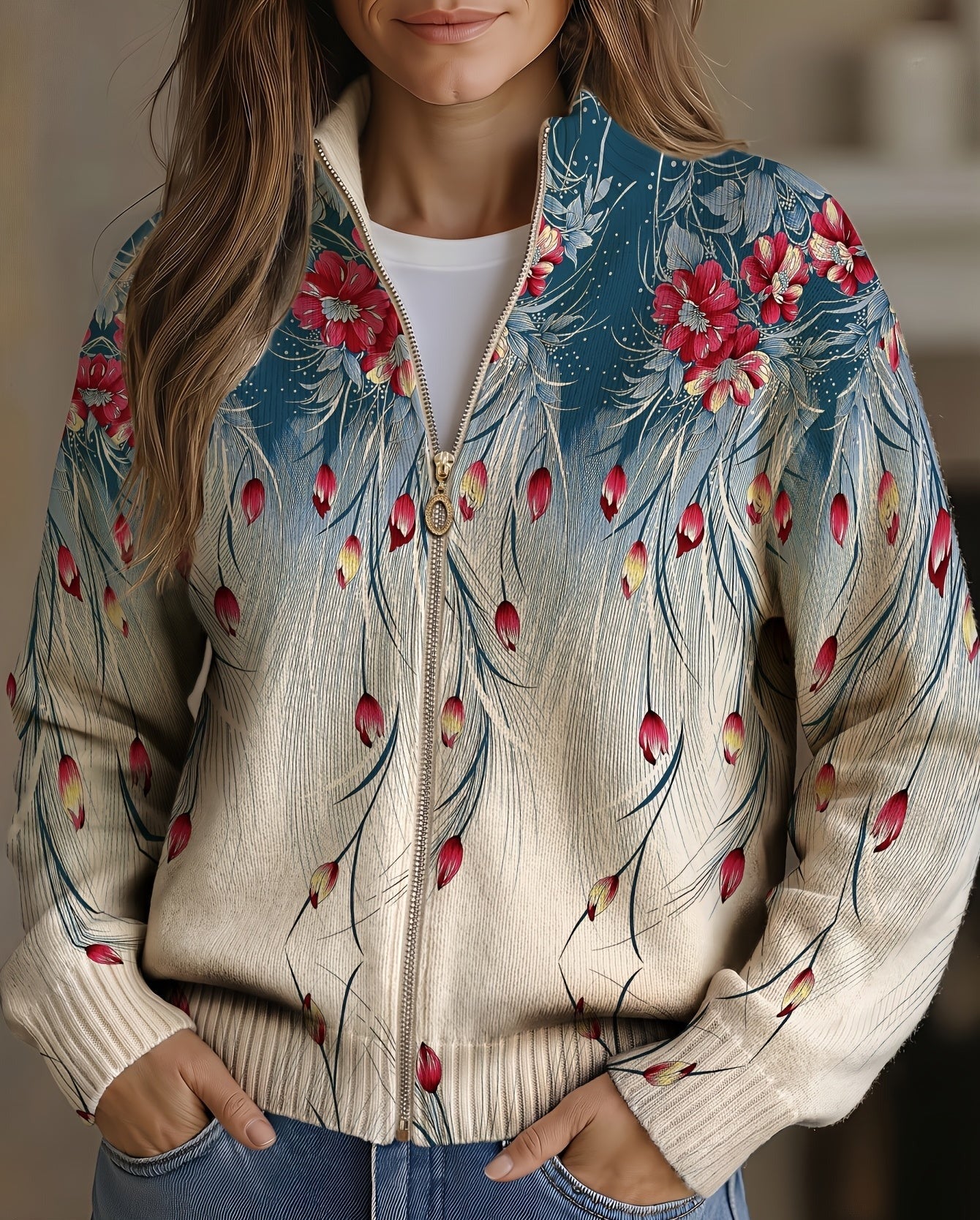 Seraphine | Cardigan Donna Floreale Sfumato con Zip